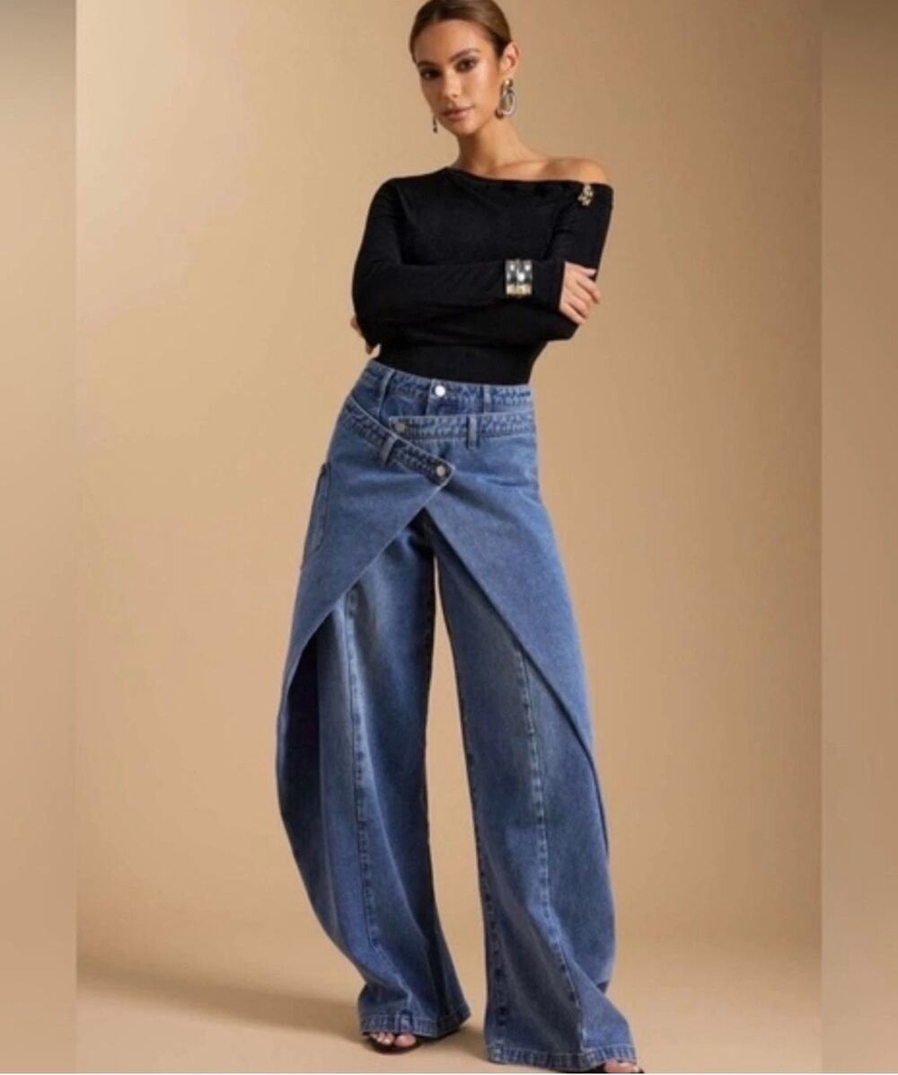 Commense Jeans Womens XL Medium Blue High Rise Wide Leg Cargo Crossover Wrap